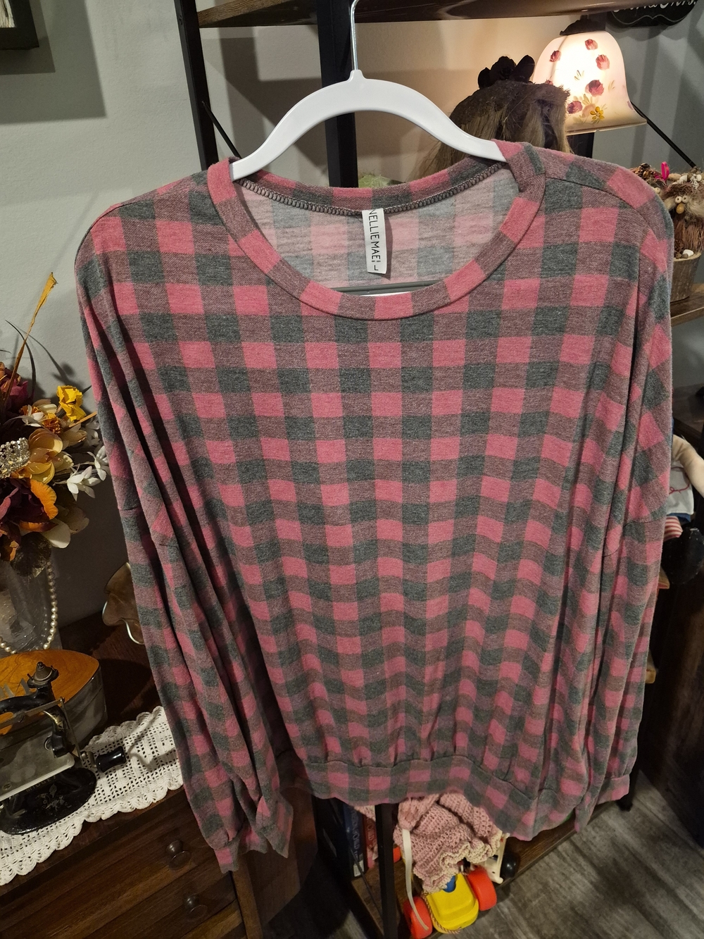 Elle Mae Pink and Gray Buffalo Plaid Long Sleeve Top
